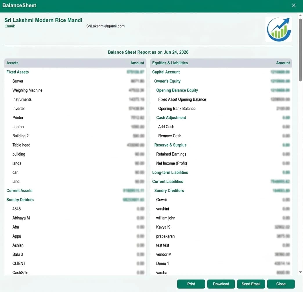 Balance Sheet Management Dashboard showing assets, liabilities and equity overview with financial charts and data visualization